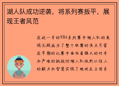 湖人队成功逆袭，将系列赛扳平，展现王者风范